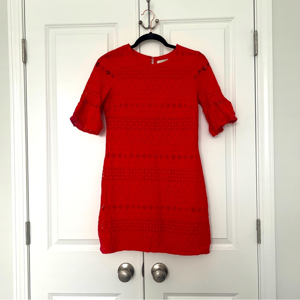 Red lace shift dress with flare sleeves